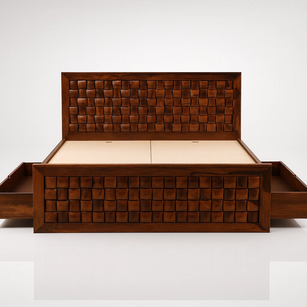 Niwar Queen Solid Sheesham Wood Drawer Storage Bed