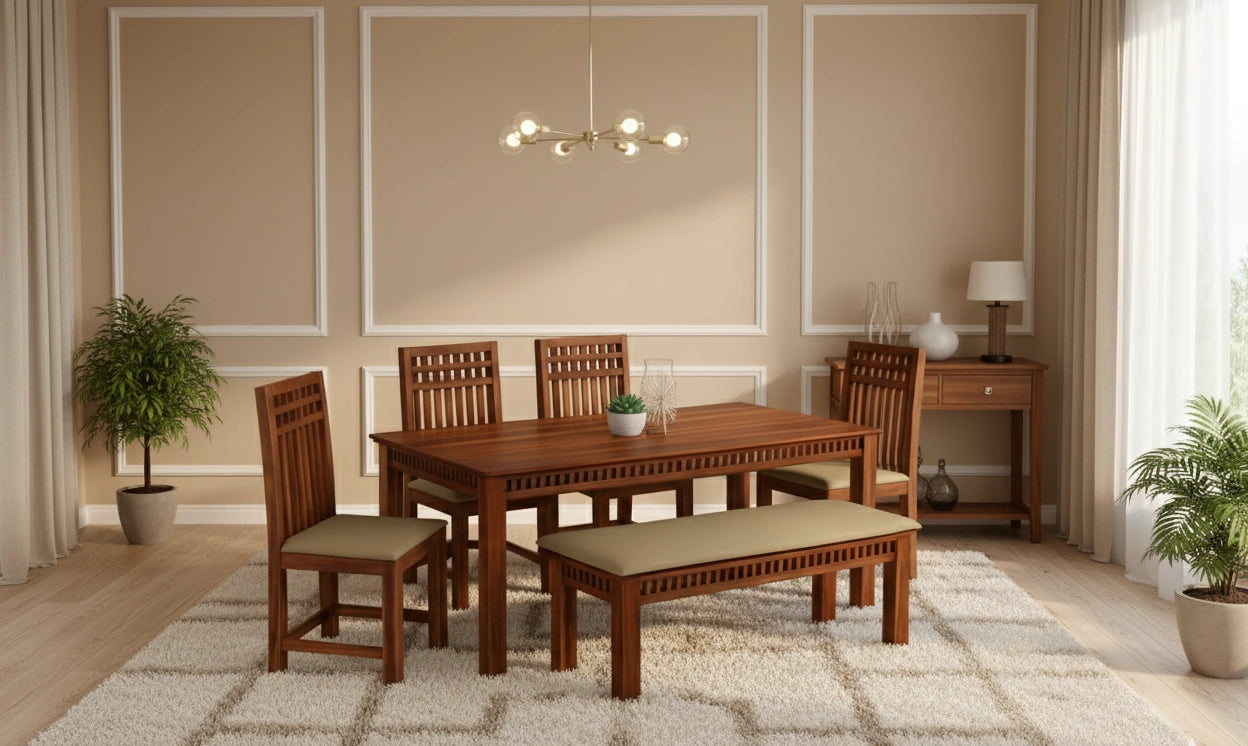 Adolf Wooden Dining Table 6 Seater Set with bench