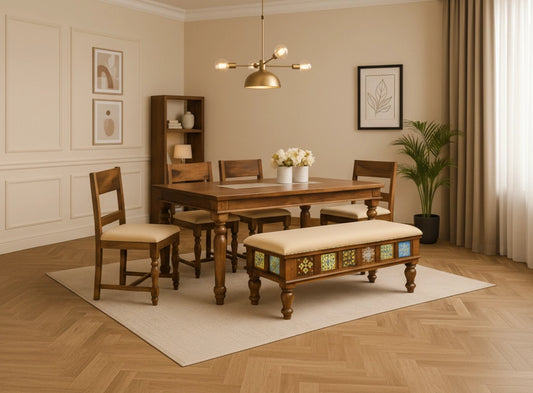 Casa Wooden Dining Table 6 Seater Set with Bench and cushions