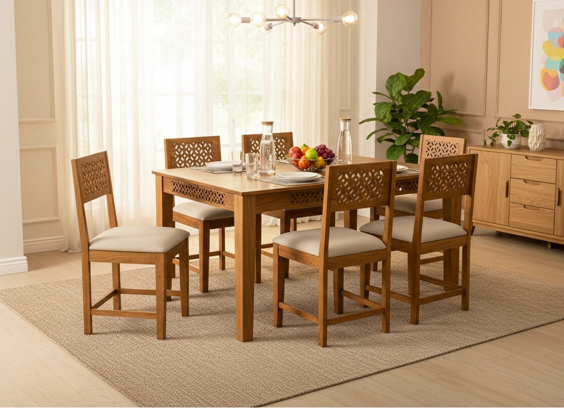 Roots Wooden Dining Table 6 Seater Set with cushions