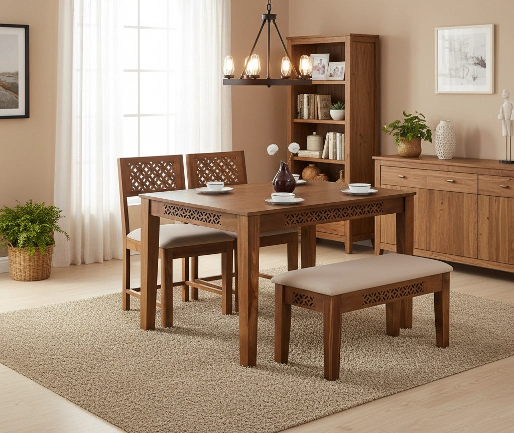 Roots Wooden Dining Table 4 Seater Set with bench