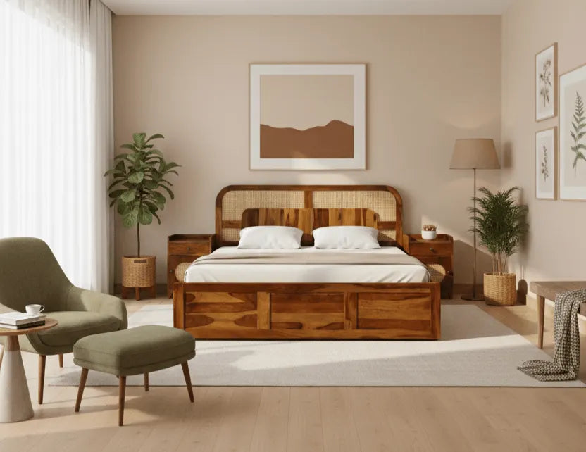 Siya Sheesham Wooden Queen Size Bed With Box Storage