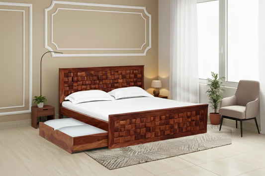 Niwar Queen Solid Sheesham Wood Drawer Storage Bed