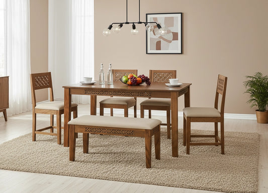 Roots Wooden Dining Table 6 Seater Set with bench and cushions
