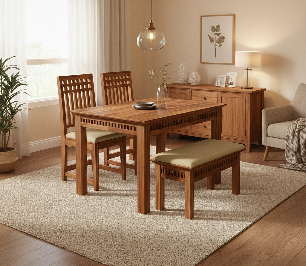Adolf Wooden Dining Table 4 Seater Set with bench