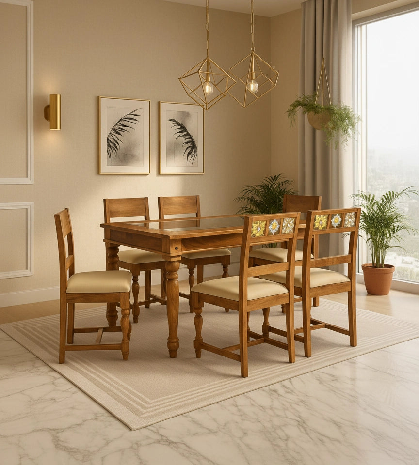 Casa Wooden Dining Table 6 Seater Set with Cushioned Chair