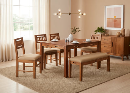 Grandeur Wooden Dining Table 6 Seater Set With Bench and cushions