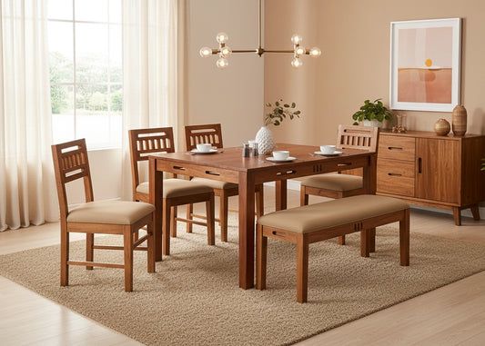 Grandeur Wooden Dining Table 6 Seater Set With Bench and cushions